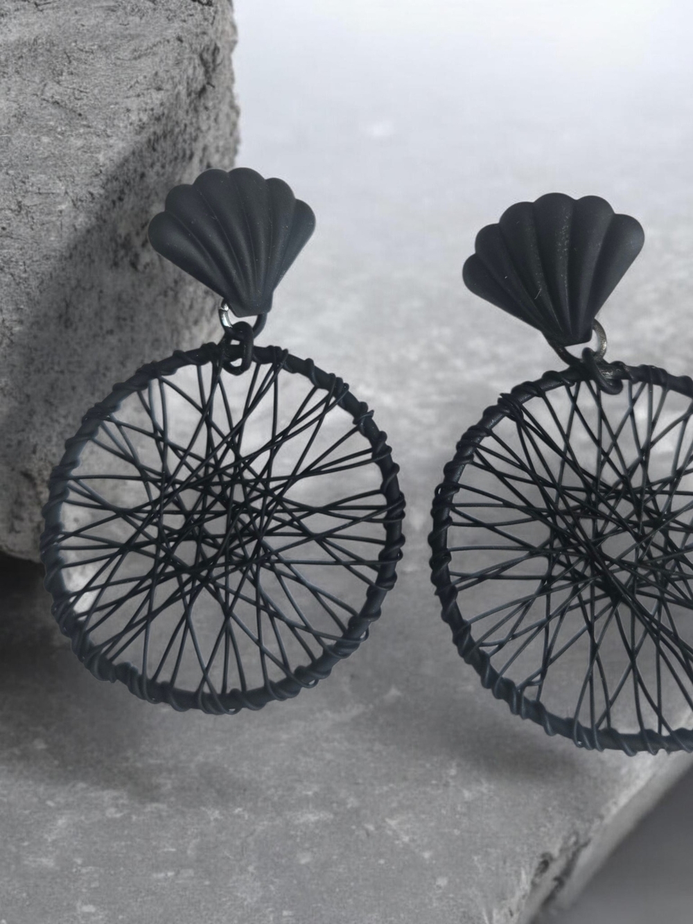 Black Woven Hoop Shell-Top Drop Earrings